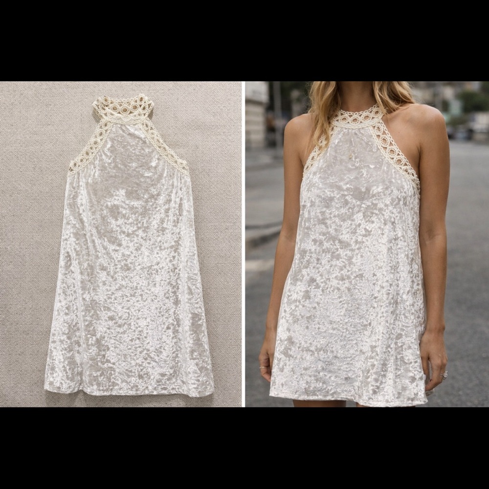 essue Ivory Crushed Velvet Halter Mini Dress with Crochet Trim
